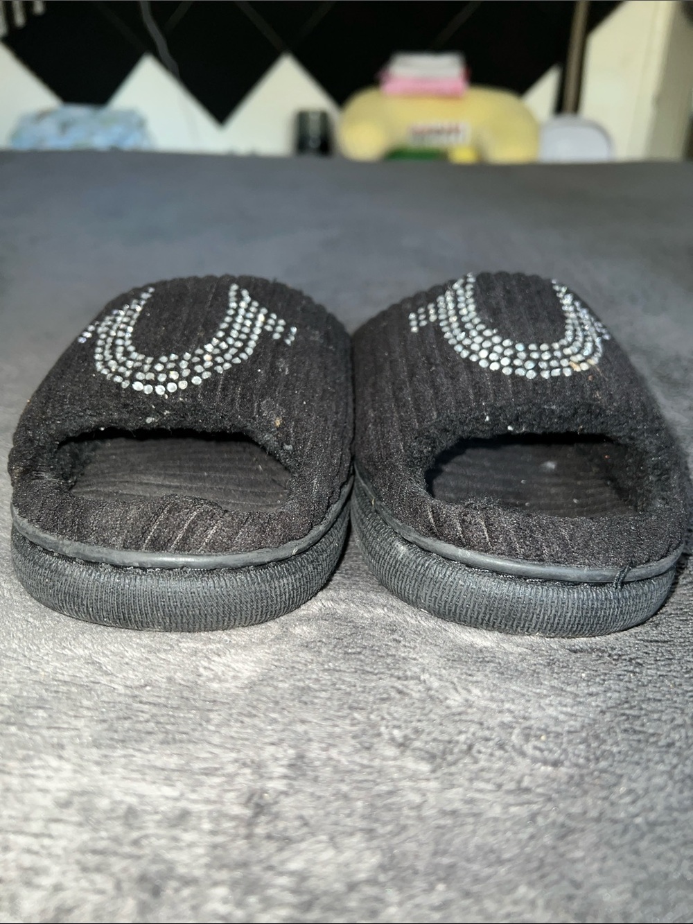 True Religion Black Open-Toe Slippers with Rhinestone Crescent Detail